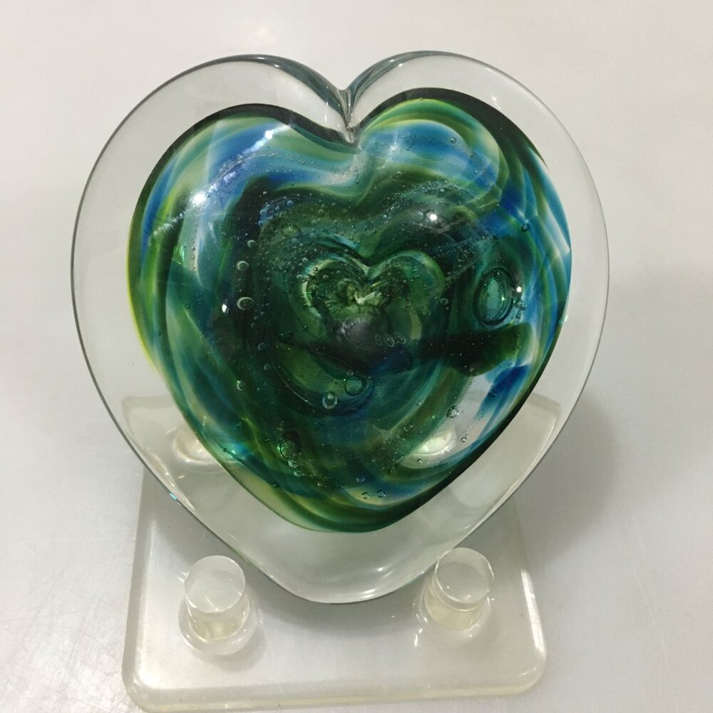 Shawn Messenger Blue Green Swirly Heart Paperweight 3.5" Signed Janet John 1999